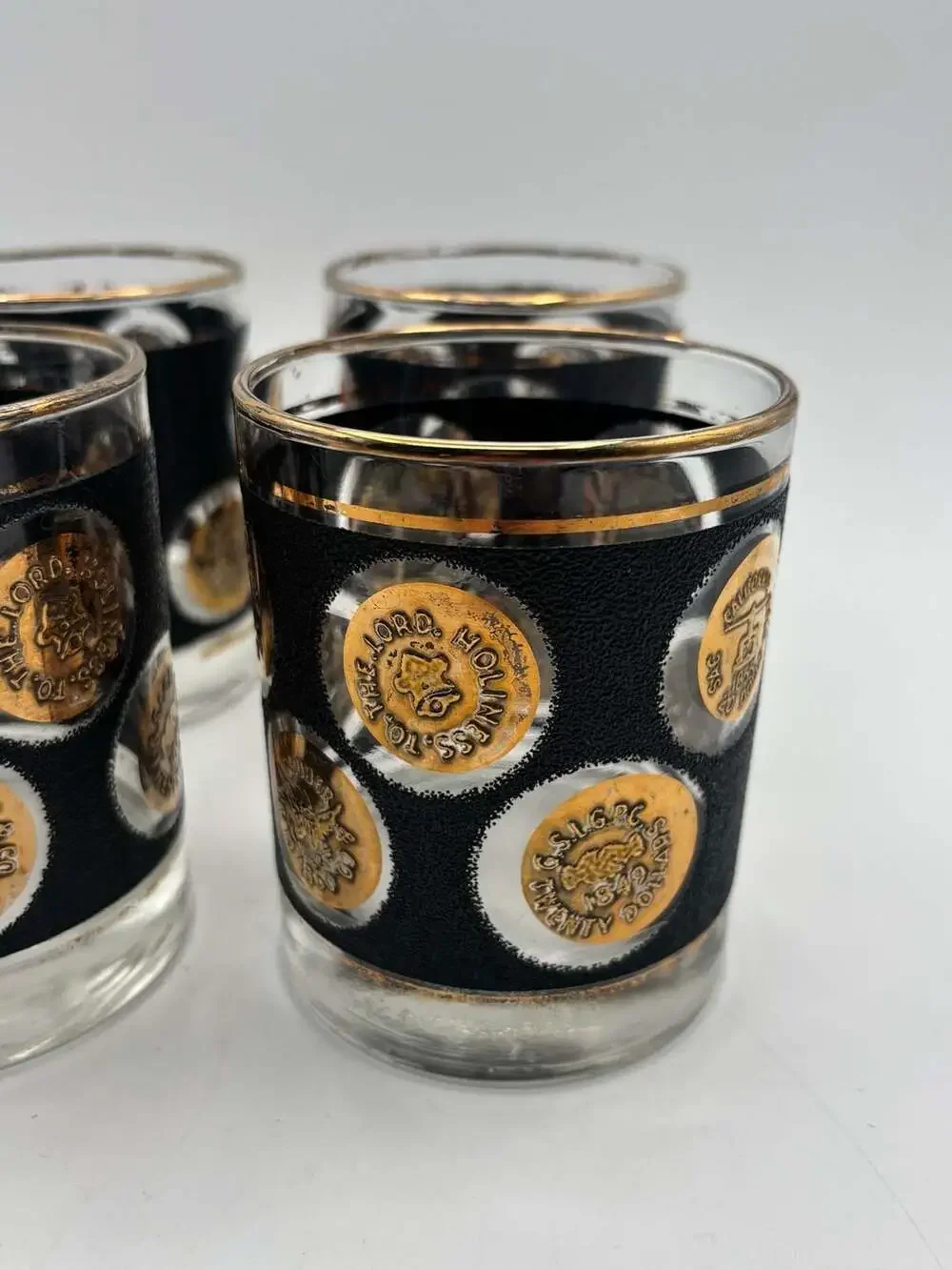 Vintage Libbey Mid-Century Black Textured Gold Coin 10 oz Highball Glasses, Set